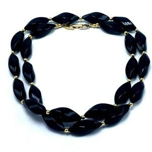 Vintage Napier Jet Black Oval Twist Beads Strand Necklace Gold Spacer 32" Estate